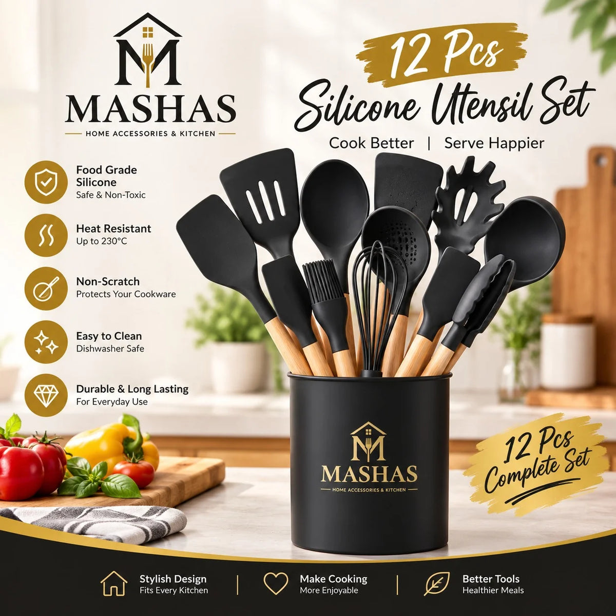 12pcs Silicone Utensil Set With Wooden Handle