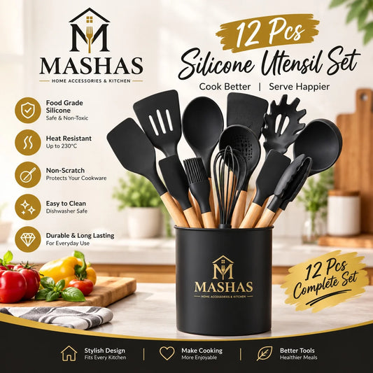 12pcs Silicone Utensil Set With Wooden Handle