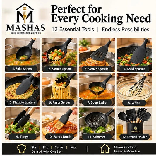 12pcs Silicone Utensil Set With Wooden Handle