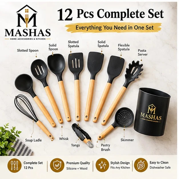 12pcs Silicone Utensil Set With Wooden Handle